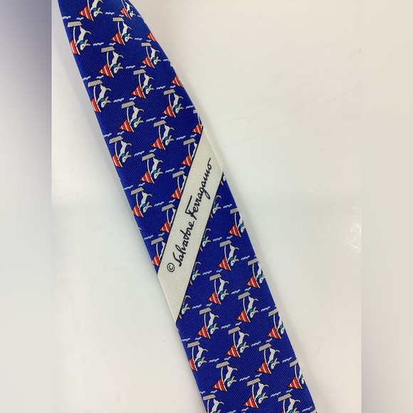 Salvatore Ferragamo Red and Blue Dog on Sailboat Silk Tie - Picture 9 of 12